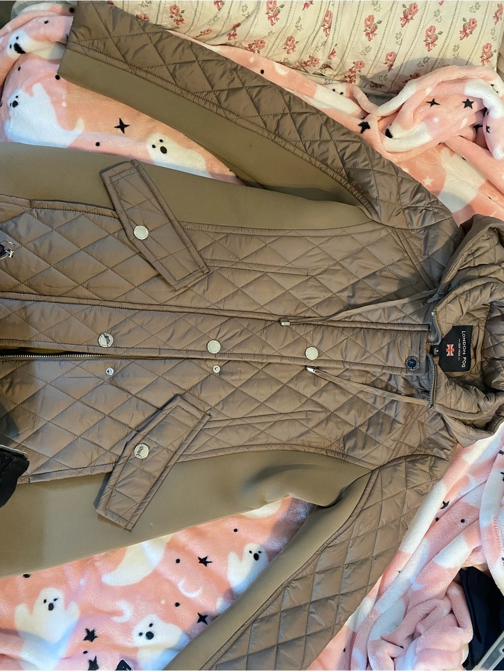 London Fog Quilted Hooded Puffer Jacket in Taupe Brown